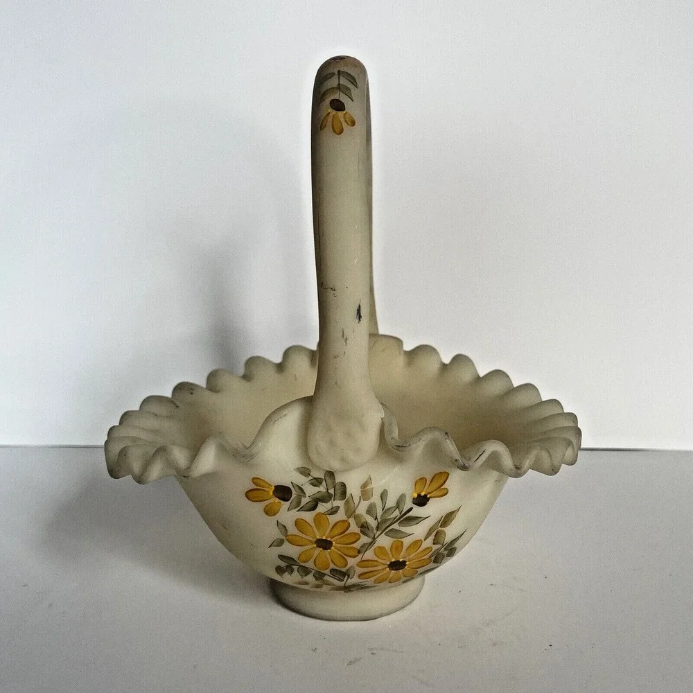 VTG Fenton Cream Satin Custard Glass Basket Hand Painted Sunflowers By Kay‎ C